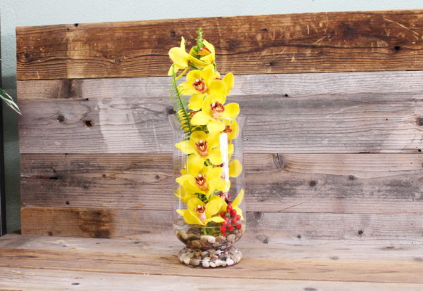 Yellow Cymbidum orchids in a tall glass vase.