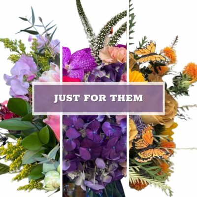 Text 'just for them' with a collage of flower arrangements in the background.