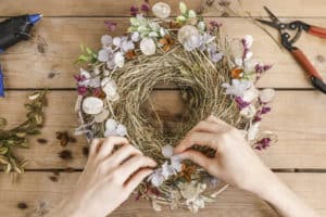 Photo of dried flowers used in in a wreath as a creative use for dried flowers.