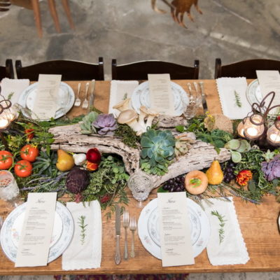 Green succulent wedding centerpiece in branch and surrounded by colorful vegetables.