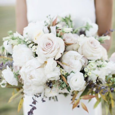 Custom wedding bouquet with white and pink flowers.