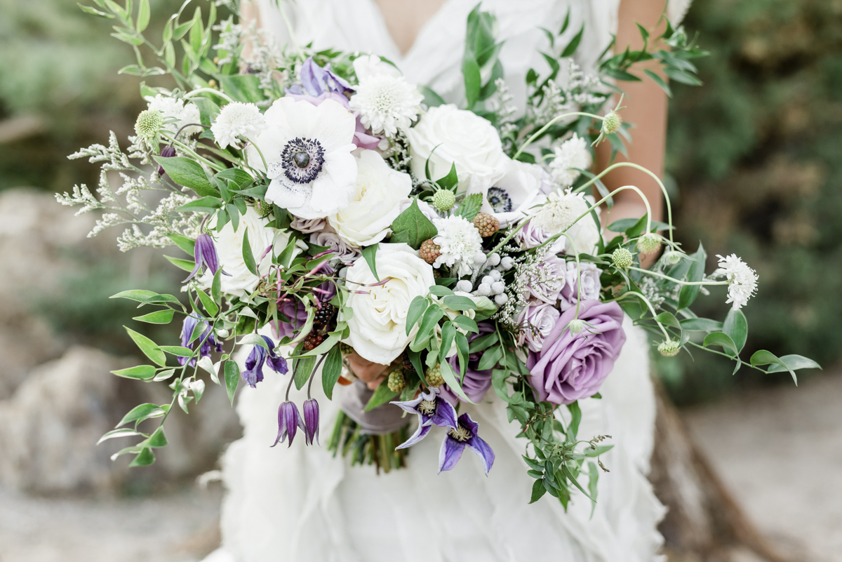 White, lavender, green bridal bouquet