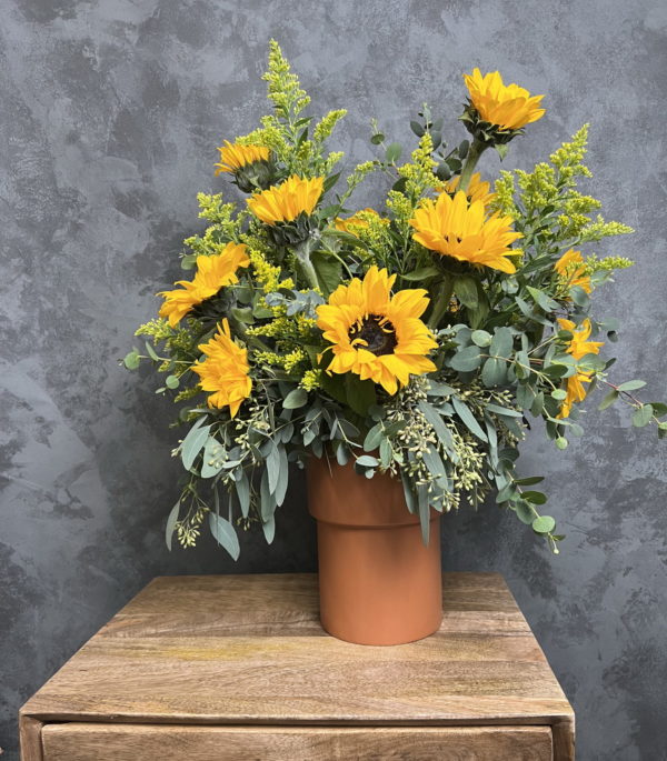 Large sunflowers in a terra cotta vase.