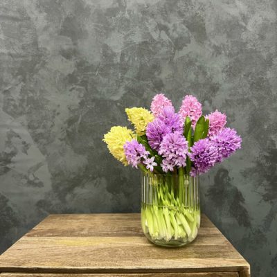 Glass vase holding pink and yellow hyacinth flowers.