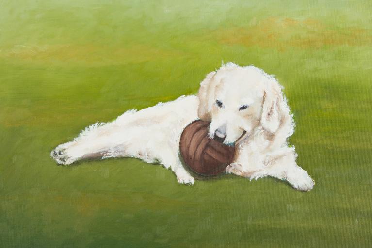 Hand painted pet portrait of a white dog with a ball.