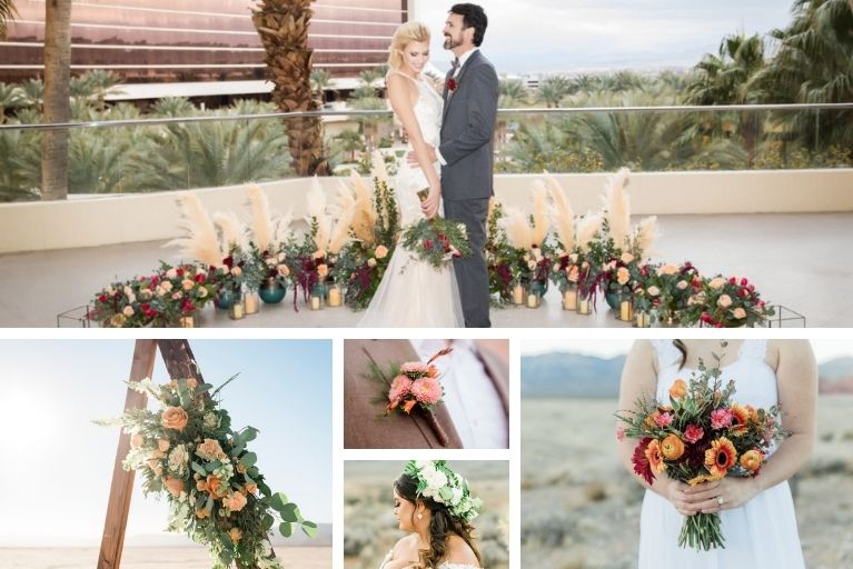 collage of five photos showing wedding flowers and wedding bouquets