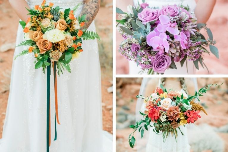 collage of three photos featuring wedding bouquets